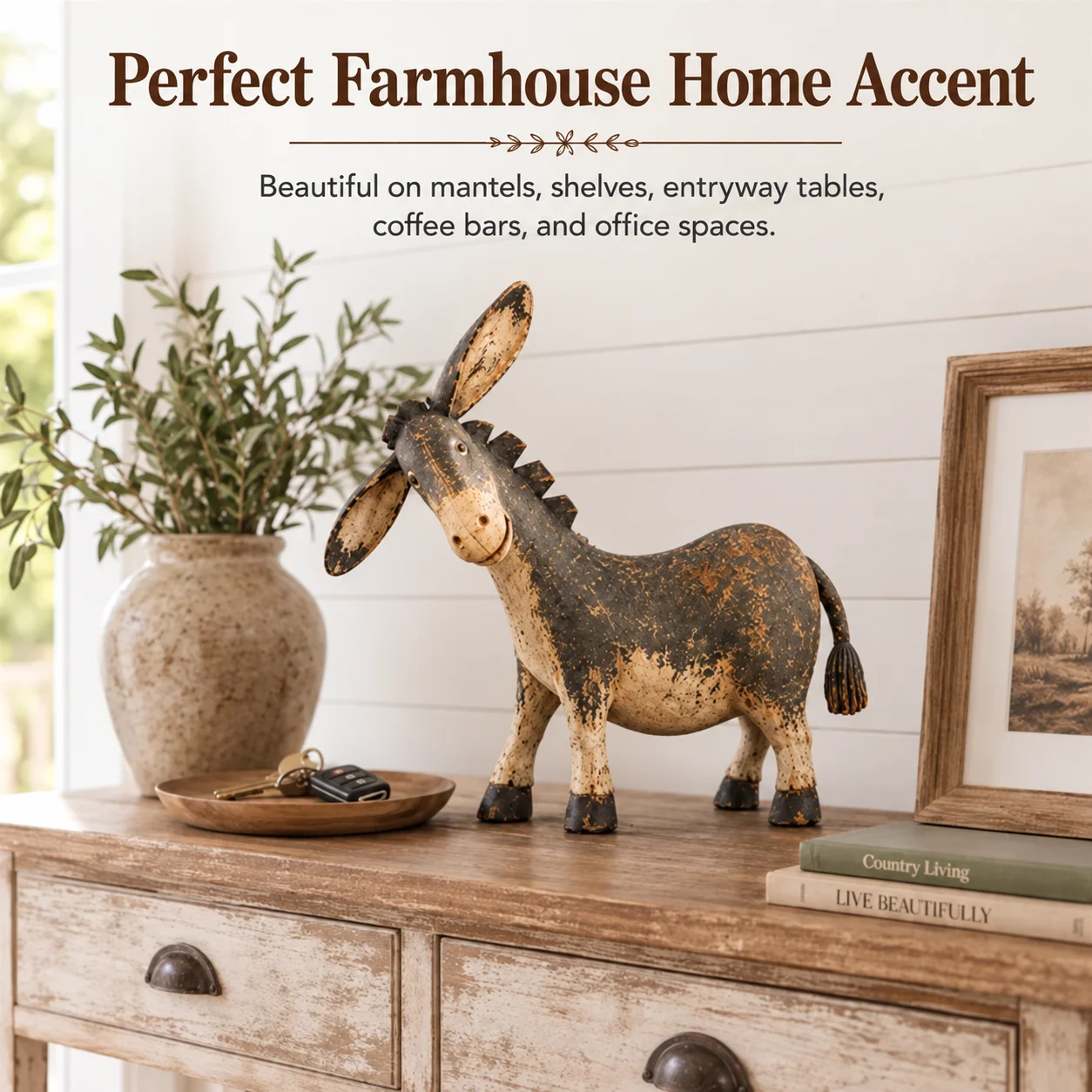 Rustic Distressed Donkey Figurine, Resin Vintage Animal Statue For Farmhouse Home Mantel Shelf Tabletop Decor