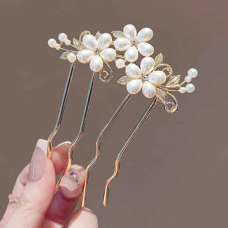 French Retro Bun Hair Accessories Elegant Pearl Flower Hair Combs Women Daily U-shaped Hairpin Female Alloy Hair Clasp