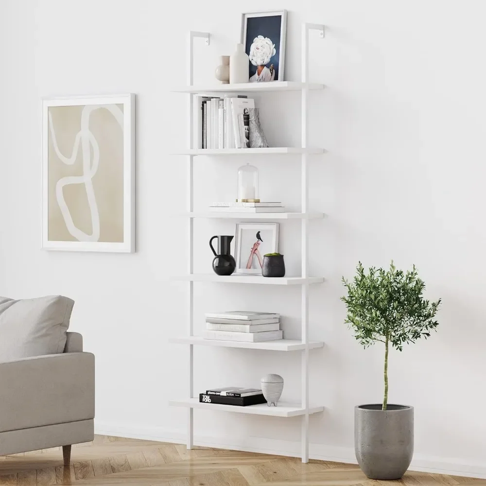 Matte White Book Shelf Wall Mount Ladder Shelf Bookcase With Wood and Industrial Metal Frame 6-Shelf Tall Modern Bookshelf Room