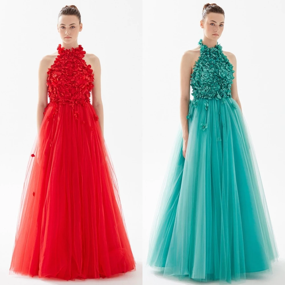 Yipeisha-requintado vestido de baile Halter, Beading Flower, drapeado até o chão, Net Tulle Prom Dresses