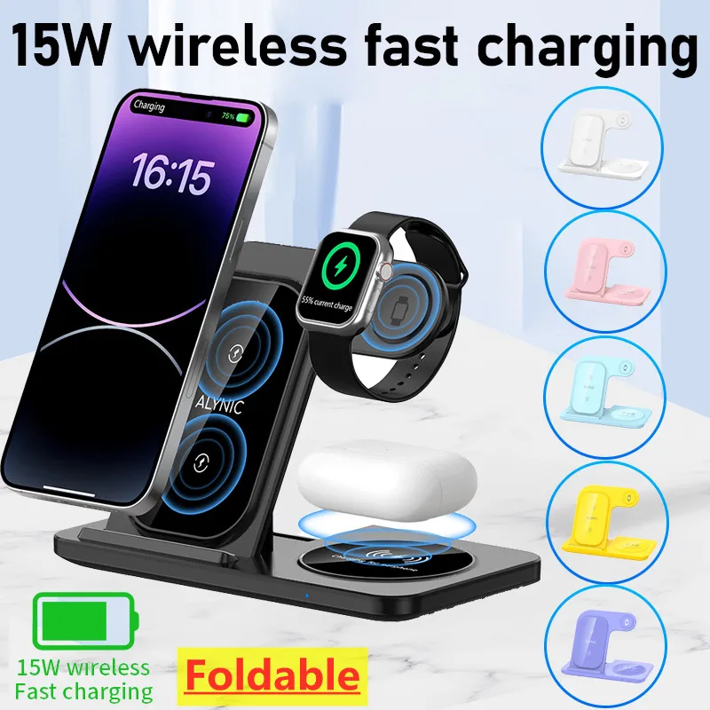 Foldable 3 In 1 Wireless Charger Stand For iPhone 15 14 13 12 Pro Max Plus IWatch AirPods 3/2 Fast Charging Dock Station Holder