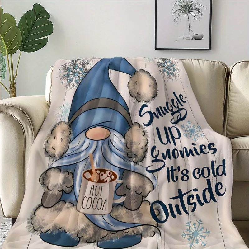 1 Stück gemütliche Winter-Zwerg-Fleecedecke mit Schneeflocken und heißem Kakao-Design – weicher, warmer Polyester-Überwurf