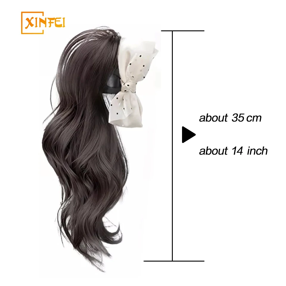 XINFEI Synthetic Wave Ponytail Extension Hair Patch Short Curly Claw Clip Ponytail White polka dot mesh bow For Women Suitable