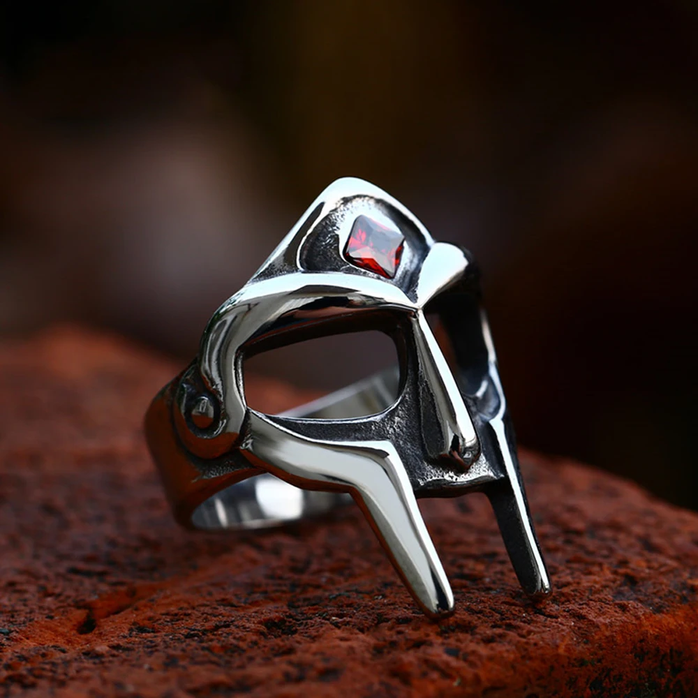 Goth Hip Hop Mf Doom Mask Rings for Men Women Punk Biker Stainless Steel Red Stone Ring Fashion Amulet Jewelry Gift  Wholesale