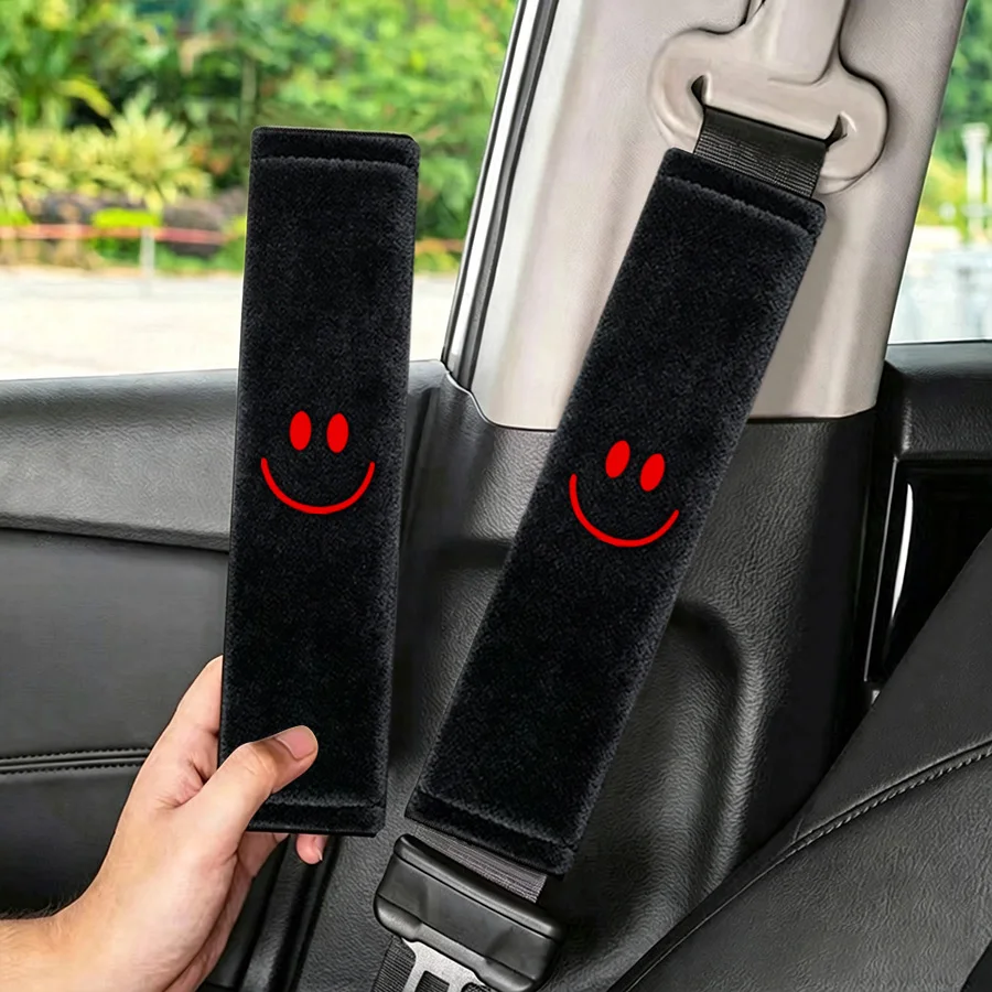 2pcs car seat belt cover, crystal velvet red smiling face embroidered shoulder protector, soft and comfortable, car interior acc