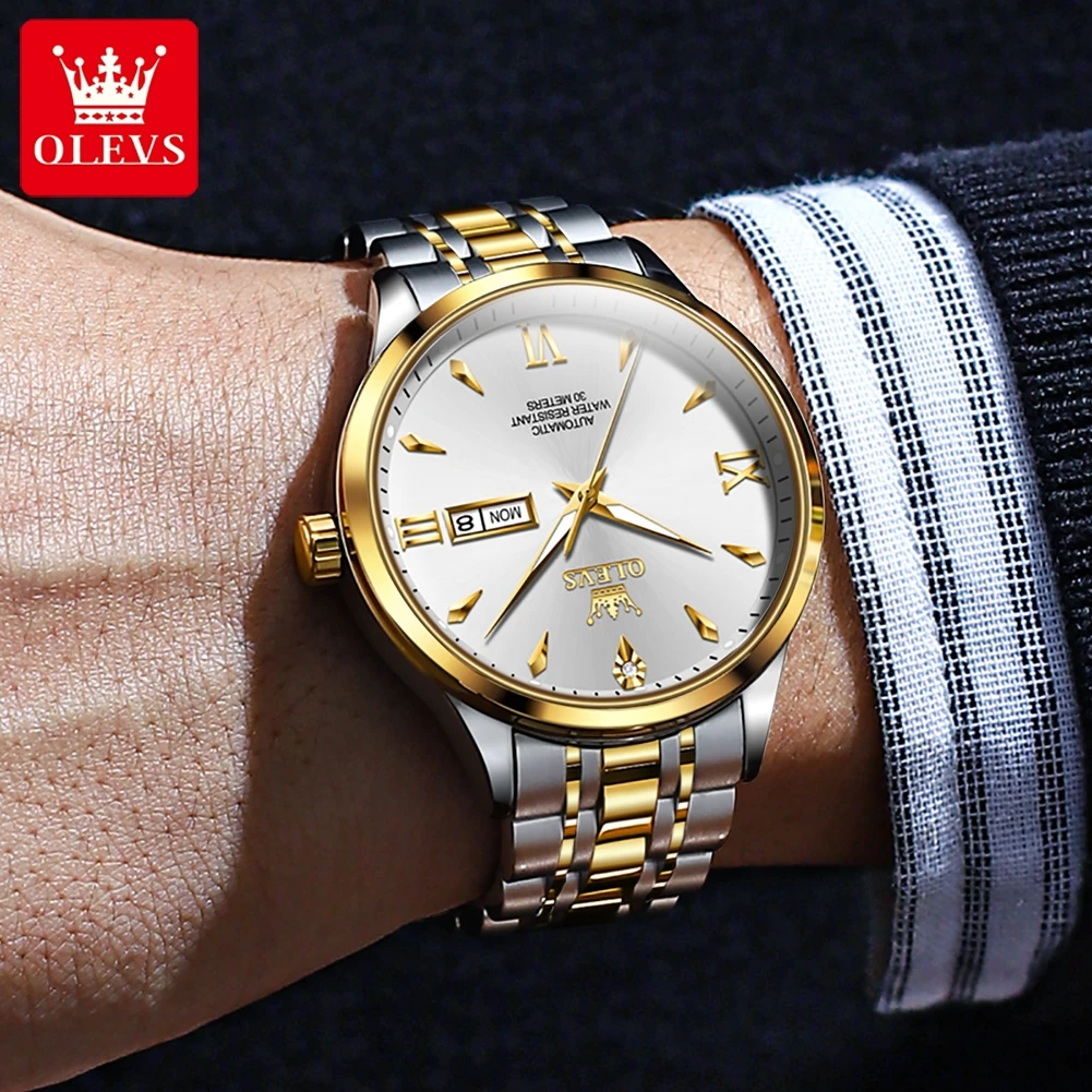 OLEVS Digital Automatic Watch for Men Original Classic Business Men Waterproof Wristwatches Week Date Display Gold Watch 9956