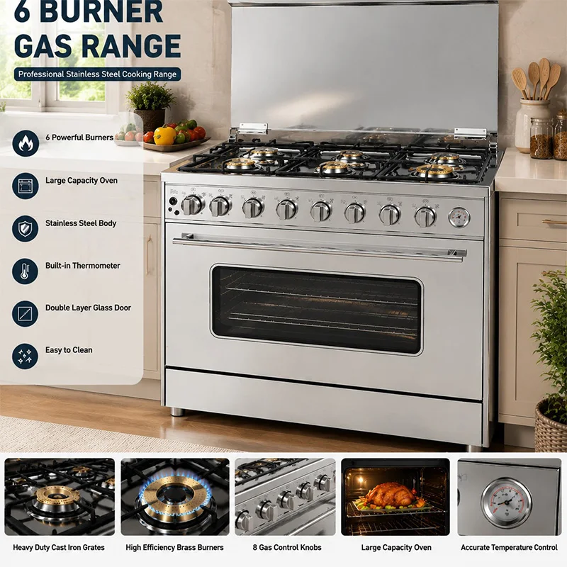Gas Stove and Oven Combo 6-Burner Stainless Steel Gas Stove, Freestanding Household Stove, 8 Heat Control Knobs(Customized)