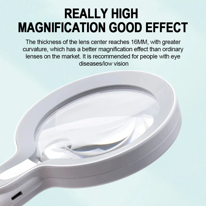 Lente Grande Lupa de Mão, Lupa Recarregável, 29 LEDs, 3 Engrenagens, Lupa Ajustável para Leitura para Idosos, 10X, 25X