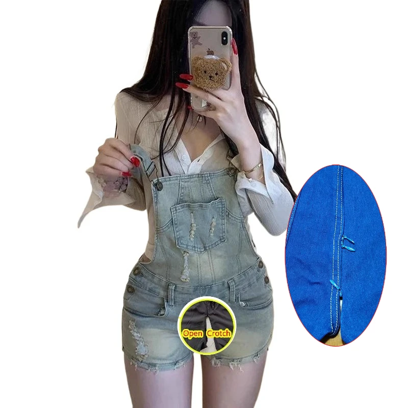 หญิง DENIM Overalls กางเกงขาสั้นเปิดกางเกง Crotch American Hottie ล้างเก่า Ripped ผู้หญิง 2025 ฤดูร้อน Super กางเกงขาสั้น