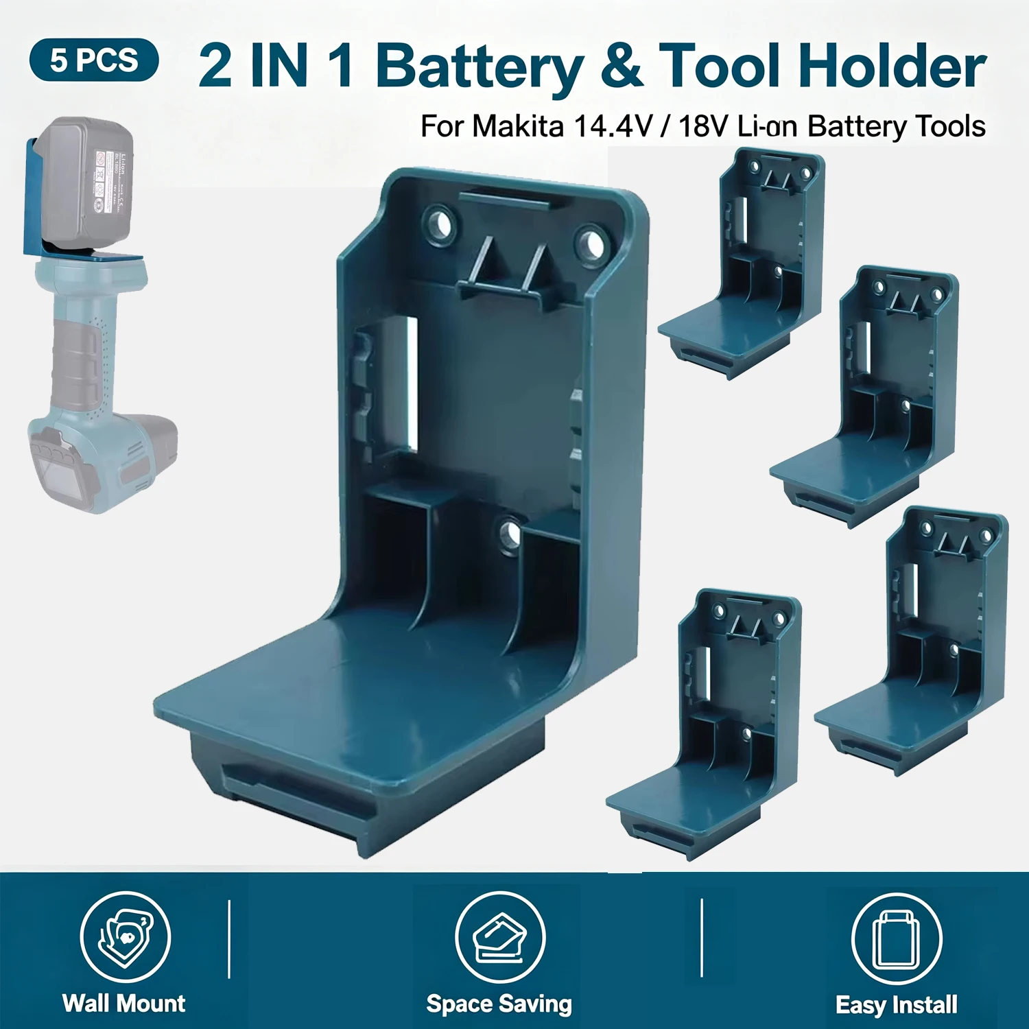 5Pcs 2 IN 1 Wall Mount Battery Tool Holder Storage Bracket For Makita 14.4V 18V Lithium Power Tools Organizer