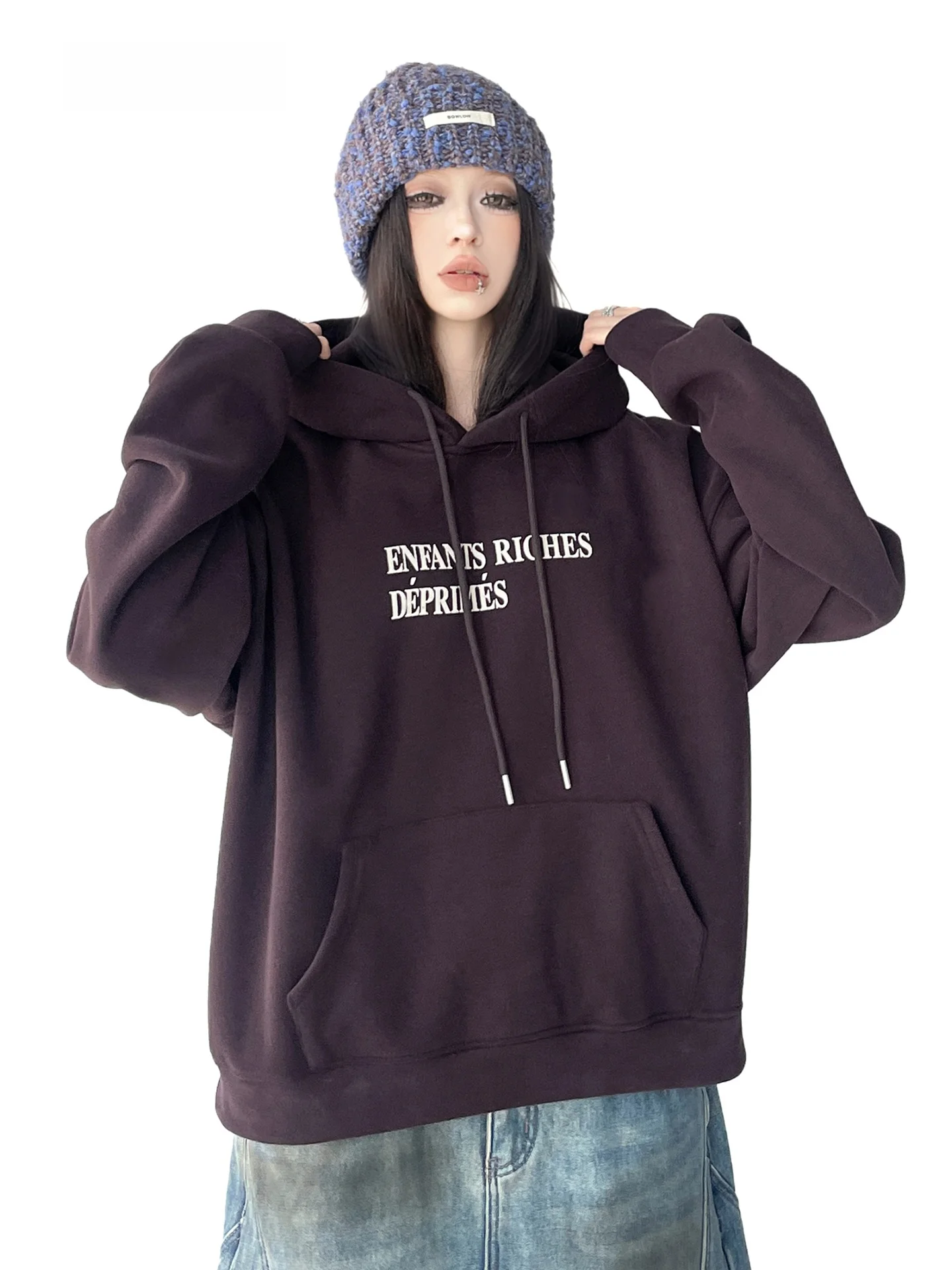 

Korean Sle Simple Letter Print Hooded Fce Sweatirt Loose Casual Versatile Outerwear Trendy Streetwear Long Sve