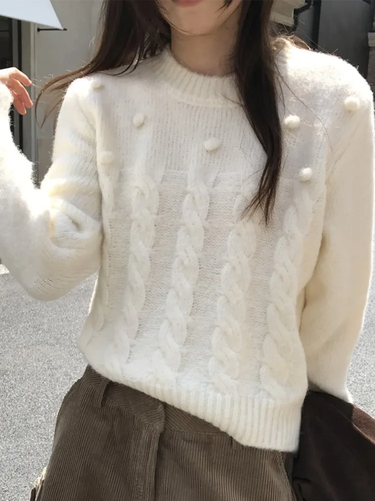 Retro Twisted Knit ort Pullover Damen Winter Neues Design Sensation 3D Ball Ball Gestricktes IRT Top Frühling Herbst Winter