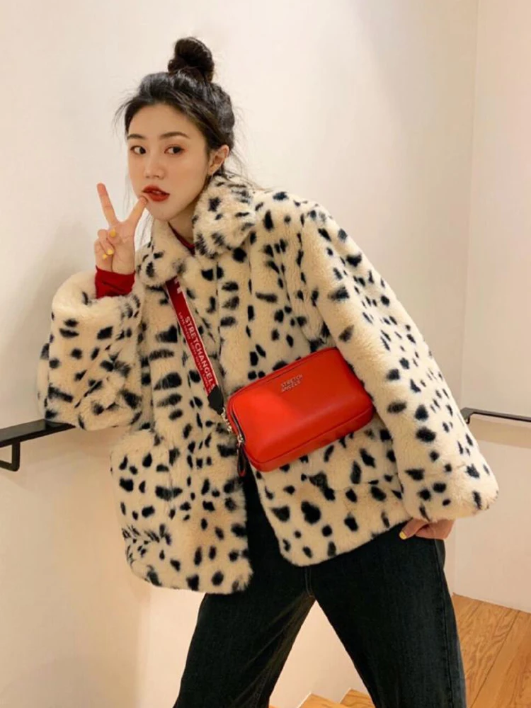 JMPRS Winter Leopard Furry Coats Women Loose Warm Faux Fur Ladies Short Jacket Turn Down Collar Plush Korean Fashion Clothes New