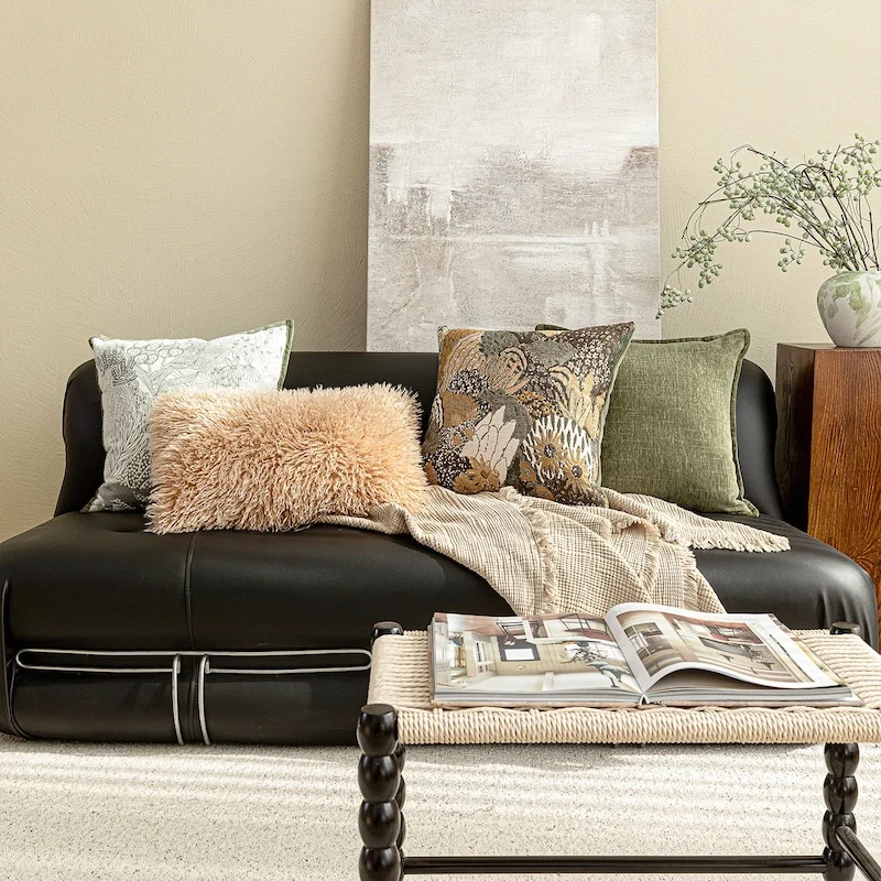 Bohemian Eclectic Pillow Cover Set | Faux Fur & Jacquard & Linen Cushion Cases | Warm Tone Modern Bohemian Sofa Bedroom Decor