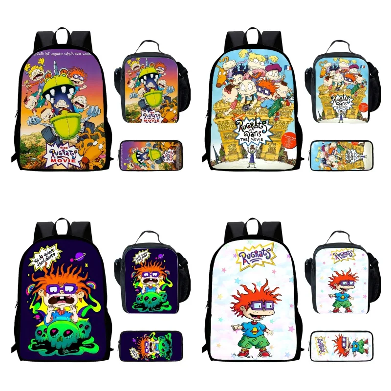 Cartoon R-Rugrats Child School Backpack With Lunch Bags Pencil Bags For Age 4-9 ,Light Weight School Bags For Boys Girls