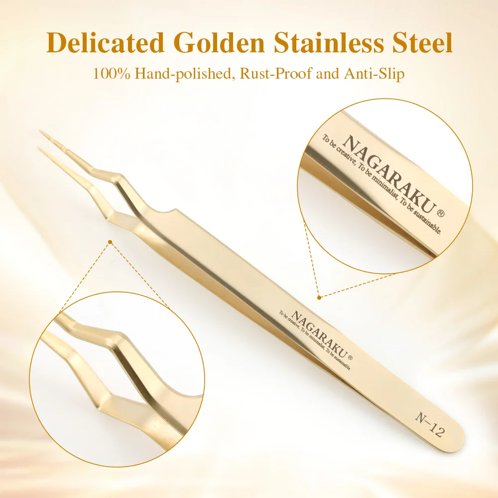 Pęsety do izolacji rzęs NAGARAKU, precyzyjne, z włóknistą końcówką, profesjonalne narzędzie do makijażu, lekkie, ze stali nierdzewnej.