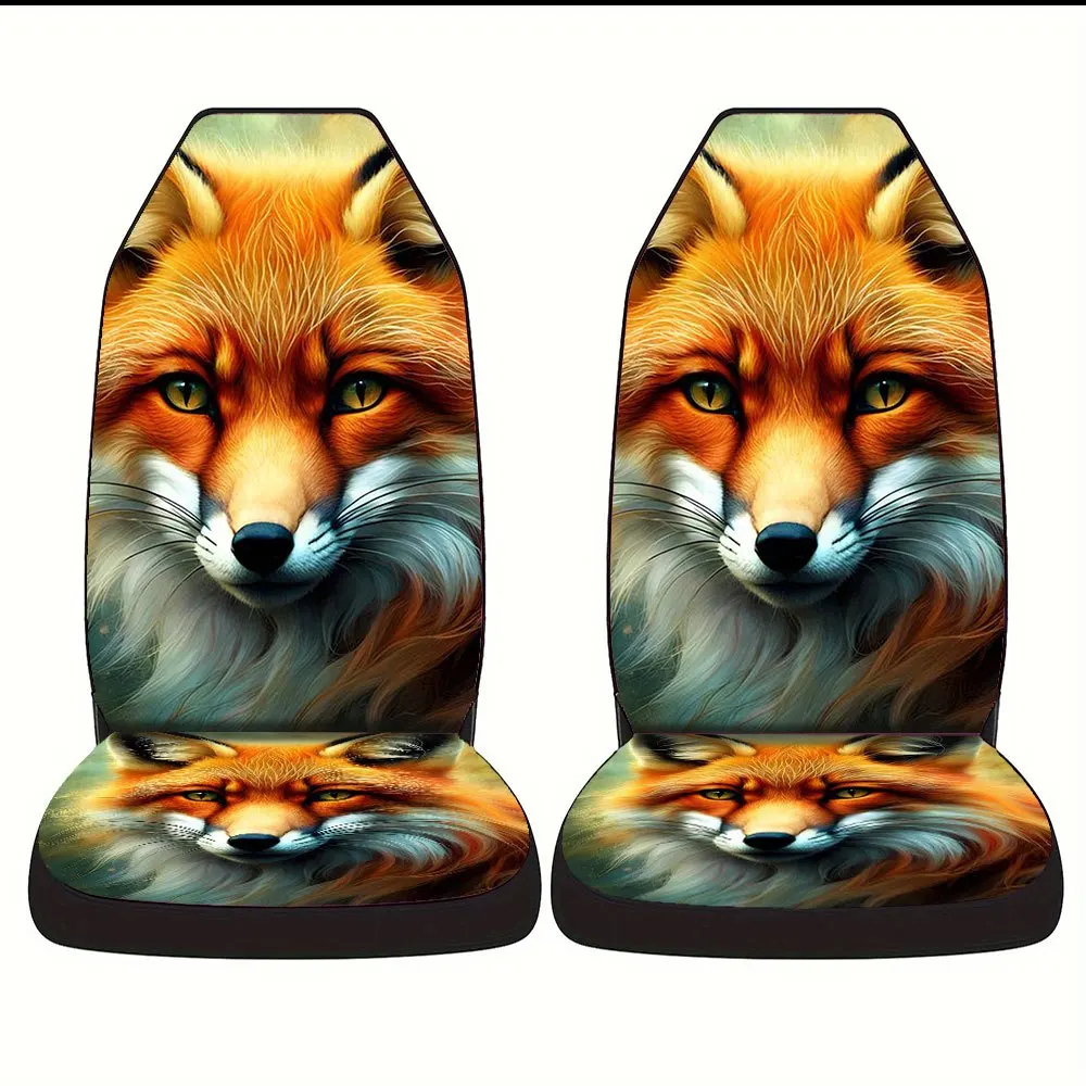 Trendy Print Car Seat Covers Full Set Fit Festive Versatile Premium Material Comfortable Breathable Fox Portrait Face Design In