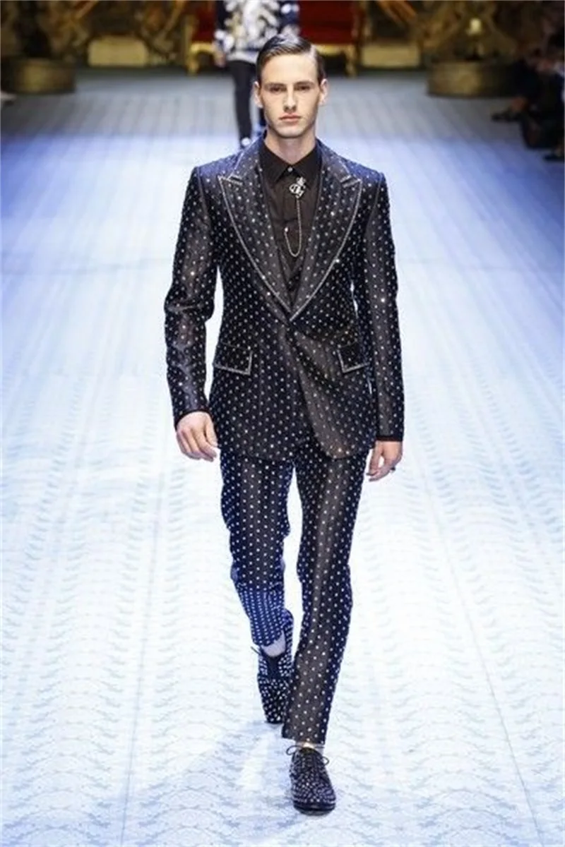 Costumes en cristal Catwalk pour hommes, ensemble 2 pièces, blazer et pantalon, smoking de mariage, manteau à simple boutonnage, veste sur mesure, fjBlack, marié