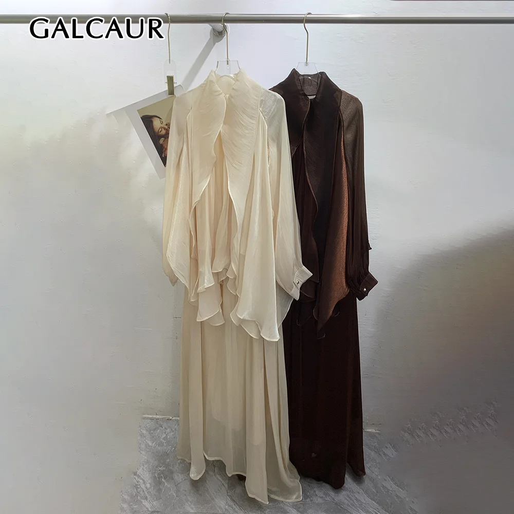 GALCAUR Ruffle Spliced Sheer Mesh Loose Two Piece Set for Women Stand Collar Long Sleeve Top High Waist Midi Skirt Sets Female