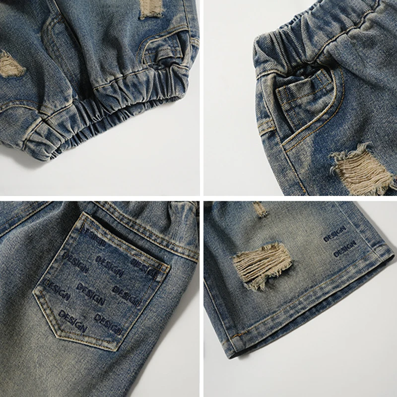 2026 Summer New Boys Denim Shorts Solid Color Fashion Hole Knee Length Jeans Pants For Teen Kids Casual Clothing 2-10 Years 6