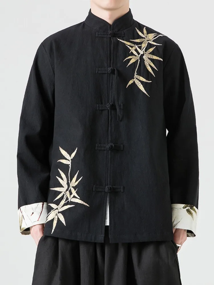 

New Chinese Sle Men's Tang Suit Young Hanfu Jaet Large Size Button up irt Breathable Loose Fit Long Sve Casual Jaet