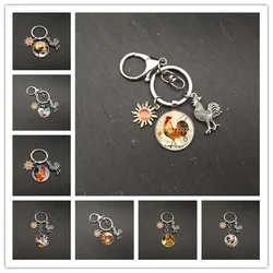 hotFlower chicken rooster keychain oil painting chicken cabochon glass pendant animal keychain chicken car DIY keychain jewelry