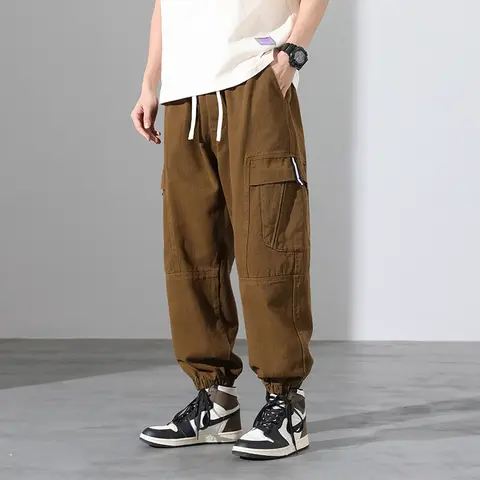 남성용 K505 여름 순면 캐주얼 바지, 멀티 포켓 야외 스포츠 루즈 스트레이트 L 신축성 있는 허리 바지