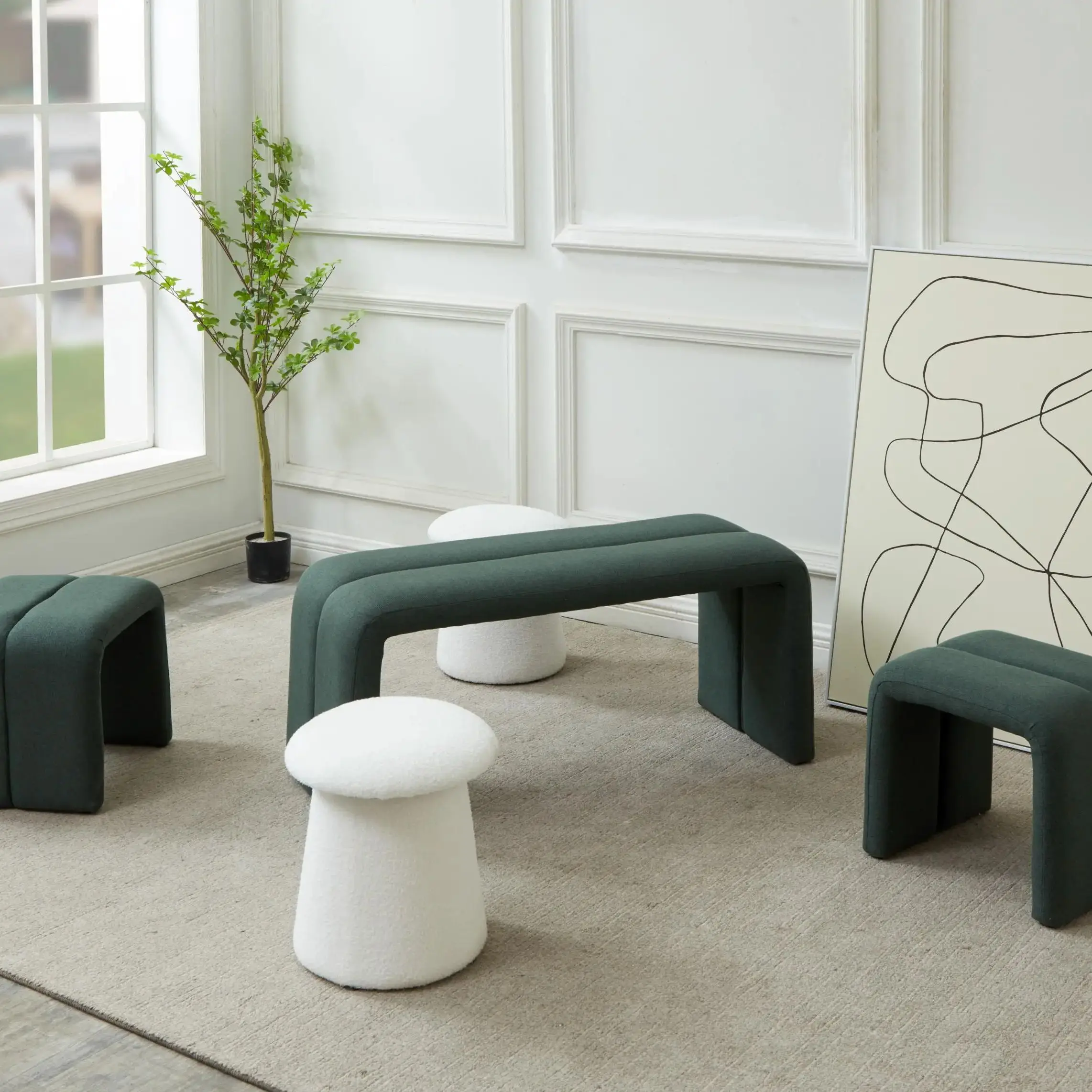 Ottoman Bench Set,Modern Upholstered Bench Including Four Benches,Deep Green U-Shape Ottoman & White Mushroom-like Ottoman image 2