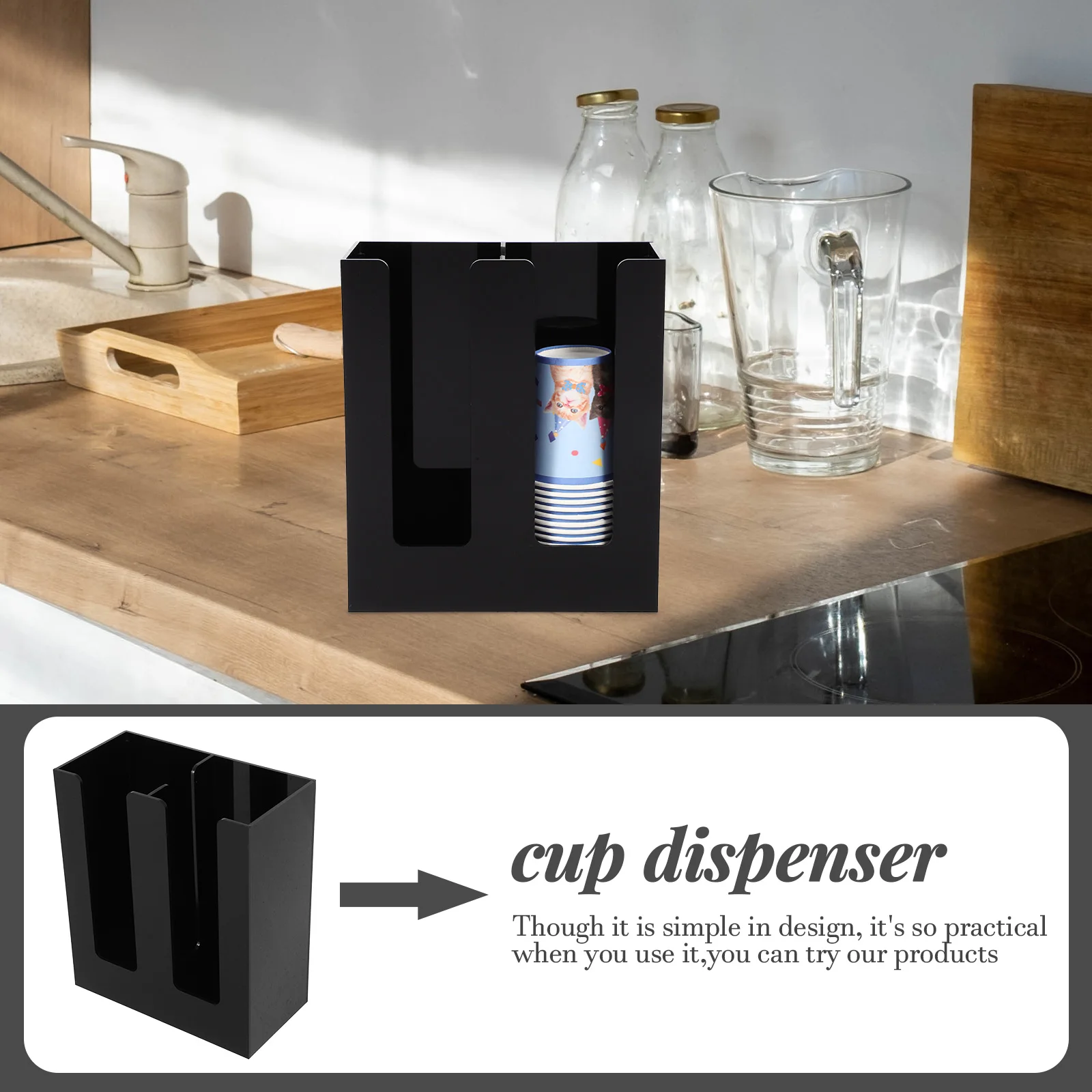 

Акриловый одноразовый держатель для стаканов, ящик для хранения, венайзер, стойка-диспенсер, черная офисная стойка для бумажных стаканчиков, домашний декор, настенное крепление, настольное использование