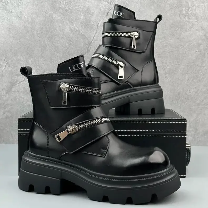 2024 Men's High-top British Style High-end Thick-soled Inner Heightening Locomotive Tooling Black Overalls Short Boots