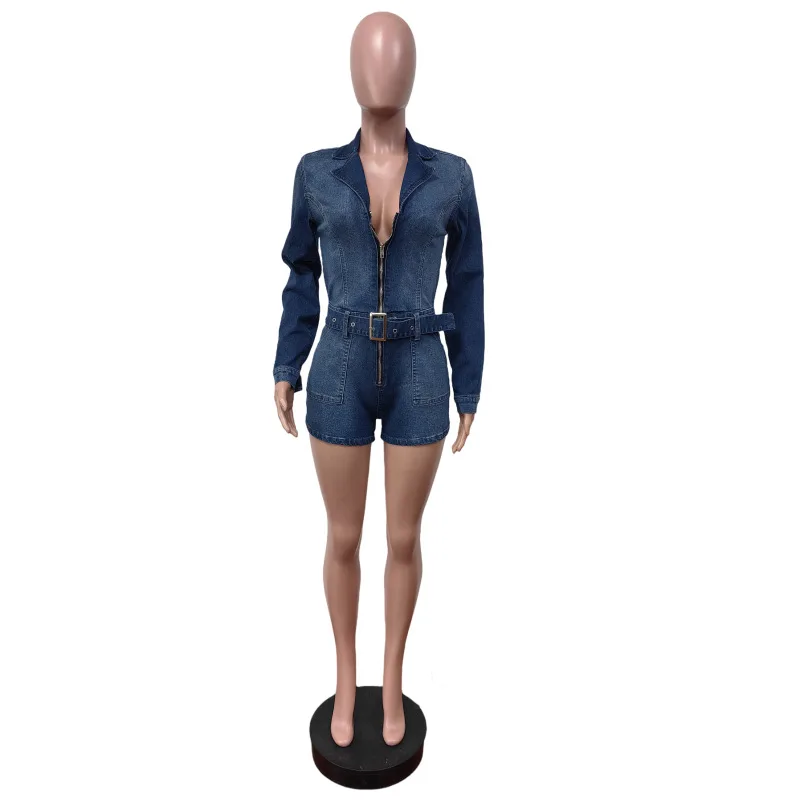 Women Jumpsuit Spring Fashion Long Sleeve Tight Stretch Denim Jumpsuit Streetwear Casual Zipper Bodycon Jeans Rompers With Belt
