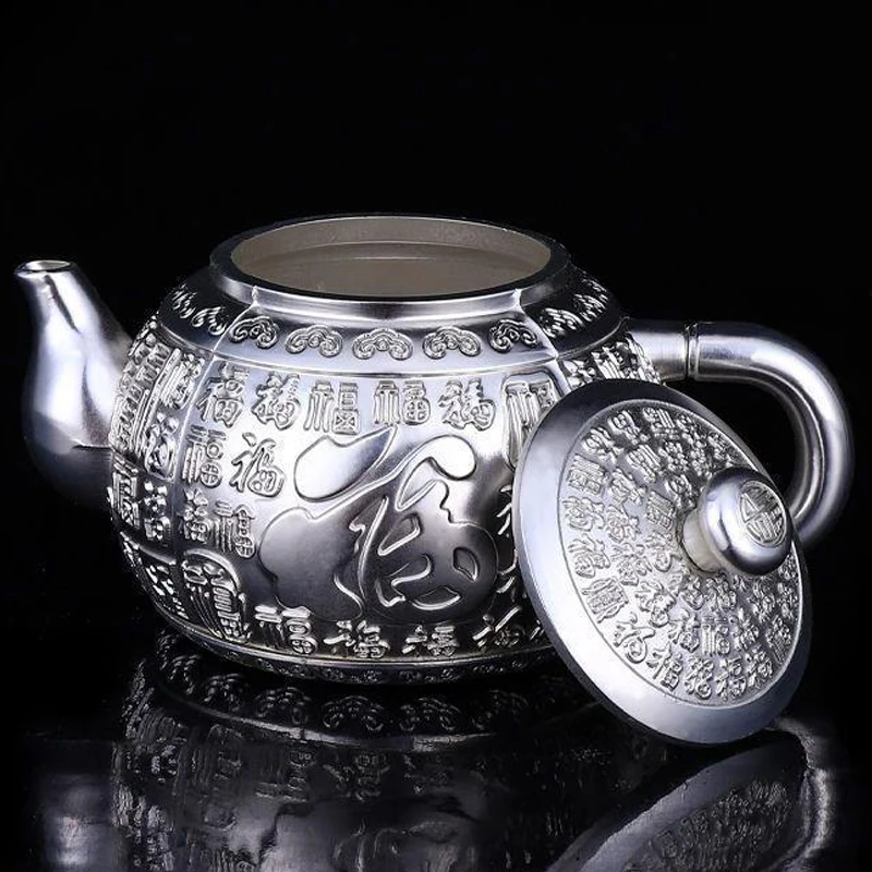 Sterling silver tea set new Baifu 999 sterling silver tea set foot silver wine set 1 plate 1 Pot 4 cups kung fu tea set Chinese