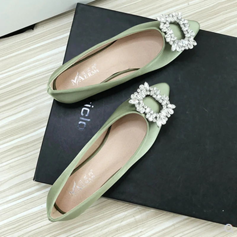 Women Green Blue Shoes Silk Null Plain Flats Pointed Toe Slip-On With Crystal Buckle Shallow Mouth Cute Retro Tacons  32-48 28cm