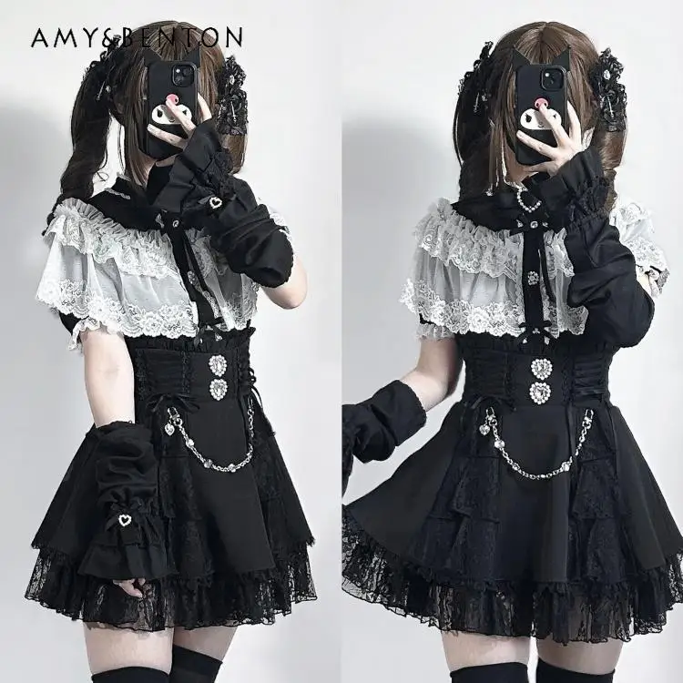 Mine Series Mass-produced Japanese Lace Cloak Heavy Industry Splicing Sleeves Short-sleeved Shirt Subculture Lolita Shirt Woman