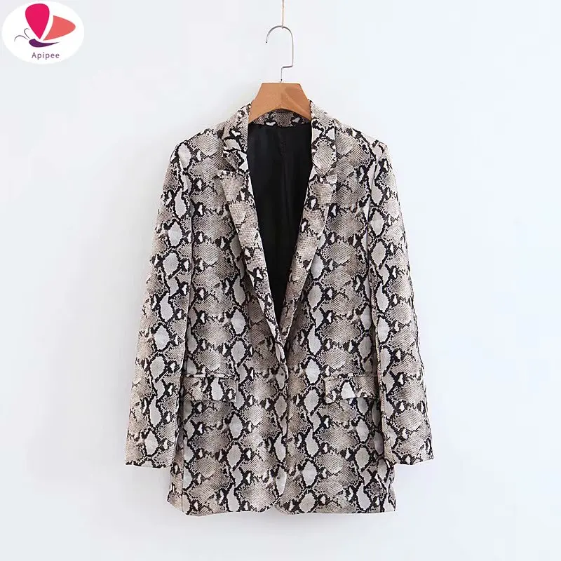 Spring Autumn Women's Vintage Snake Print Jackets Casual Lapel Long Sleeve Slim Long Jacket 2024 Fashion Pocket Snake Skin Coats