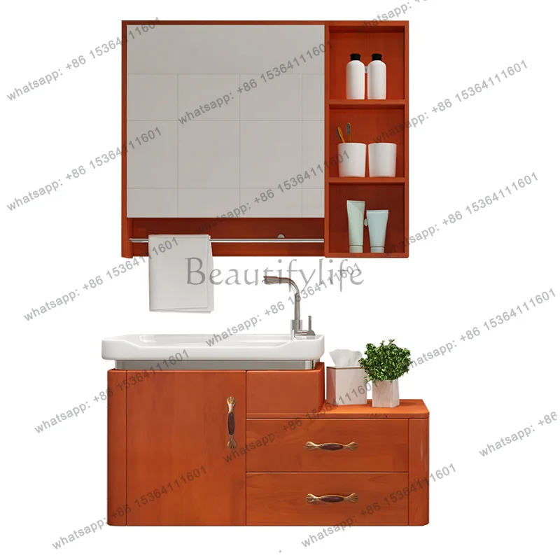 

Oak bathroom cabinet Solid wood bathroom mirror cabinet Modern simple face wash hand bathroom basin cabinet