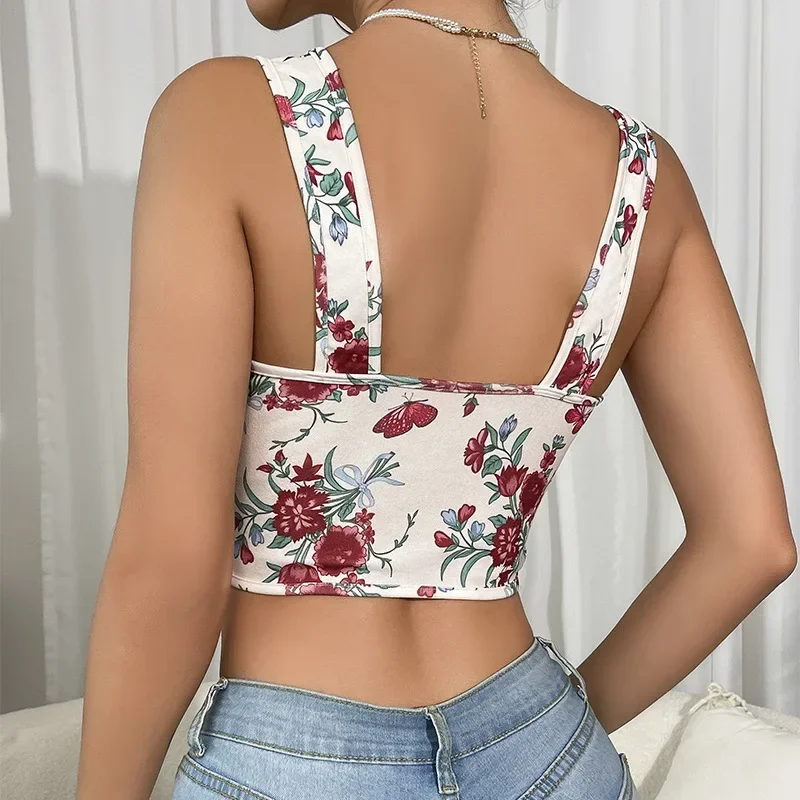 Fashion Floral Graphic New Tank Top with Strap Trendy Elegant Chic 2000s Women Slim Fit Crop Top Female Casual Office Clothing