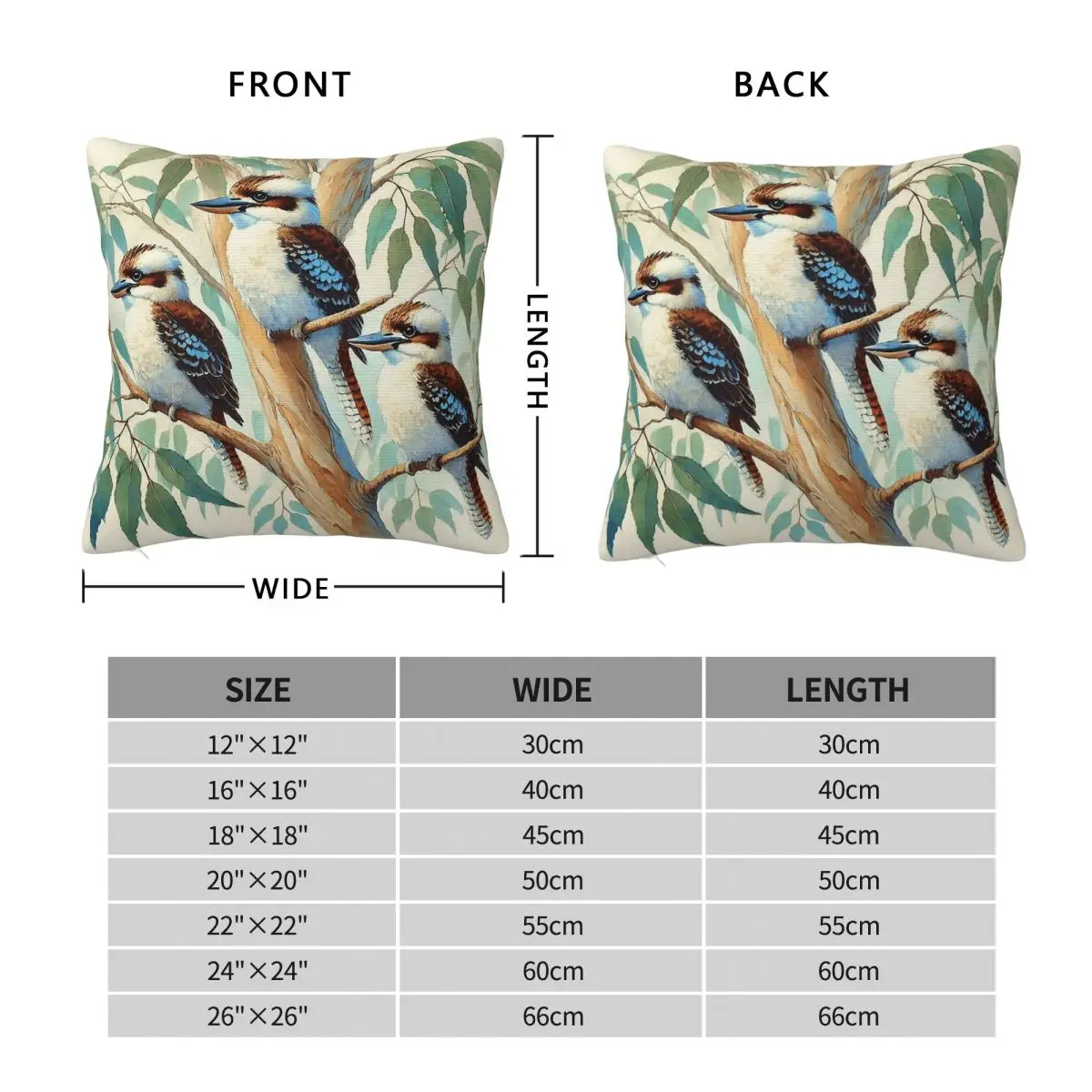 Kookaburras On Branch Square Pillowcase Polyester Linen Velvet Pattern Zip Decorative Throw Pillow Case Home Cushion Cover