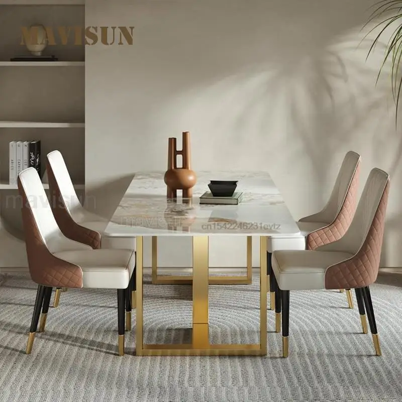 

Golden Rectangular Rock Board 1.8m Dining Table Sets With 4-6 Chairs Small Apartment Furniture For High-End Kitchen Restaurant