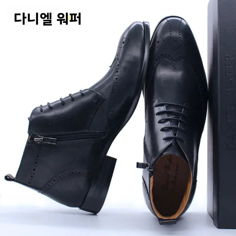 Handmade Men\'s Ankle Boots Casual Leather Western Cowboy Shoes Black/Brown Wingtip Lace-Up Wedding Office Dress Footwear