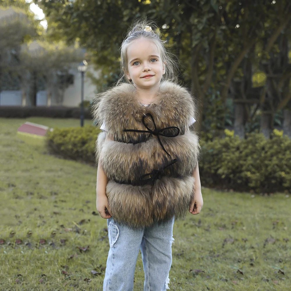 JANEFUR Real Fur Vest for Mother Daughter 2023 Luxury Warm Plus Size Women Girls Natural Raccoon Fur Sleeveless Coat