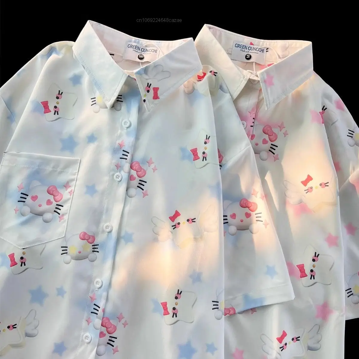 Sanrio Hello Kitty Y2k Kawaii Clothes Cartoon Print Summer Button Up Shirts For Women Casual Collar Blouse Y2k Korean Style Tops