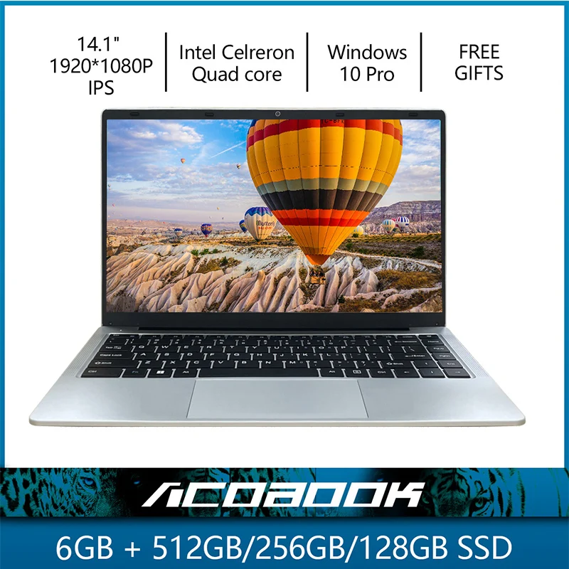 حاسوب محمول 6GB RAM 128/256/512GB SSD حاسوب محمول ويندوز 10 برو إنتل J4105 سيليرون كواد كور شاشة 14.1 "حاسوب محمول واي فاي BT HDMI