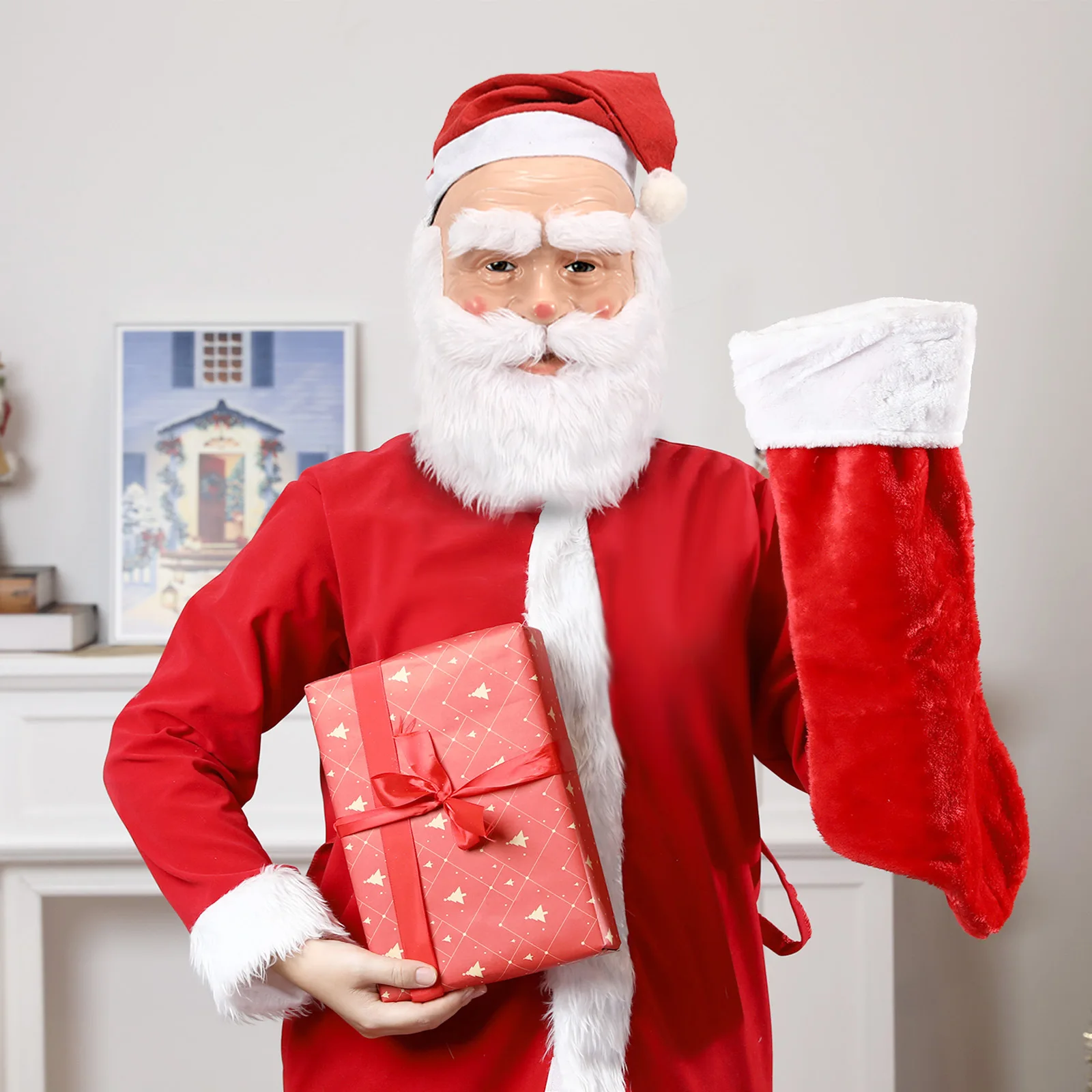 قناع سانتا كلوز لعيد الميلاد مع قبعة حمراء كوسبلاي للجد القديم فستان حفلة كرنفال السنة الجديدة أقنعة بلاستيكية لعيد الميلاد زي الدعامة