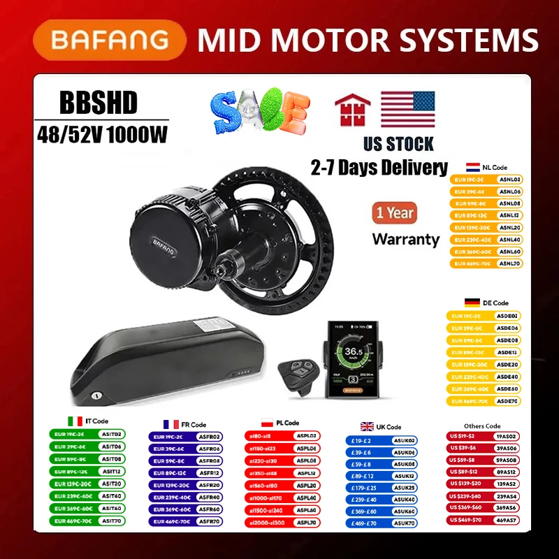 Bafang Motor 48V 52V 1000W BBSHD Electric Mid Drive Motor Electric Bicycle Ebike Conversion Kits With13AH 20AH Lithium Battery