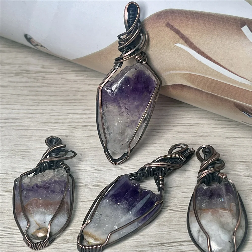 Amethyst Pendants Natural Gem Stone Wire Winding Bead For Making Necklace Crystal  For Women