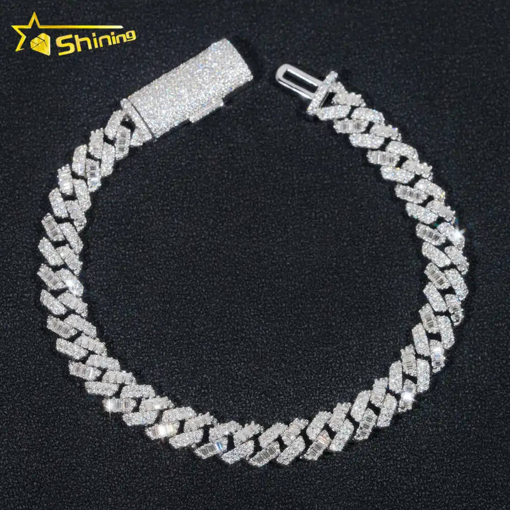 Hip Hop Jewelry 8mm Baguette 925 Silver Iced Out Necklace Vvs Diamond Moissanite Cuban Bracelet