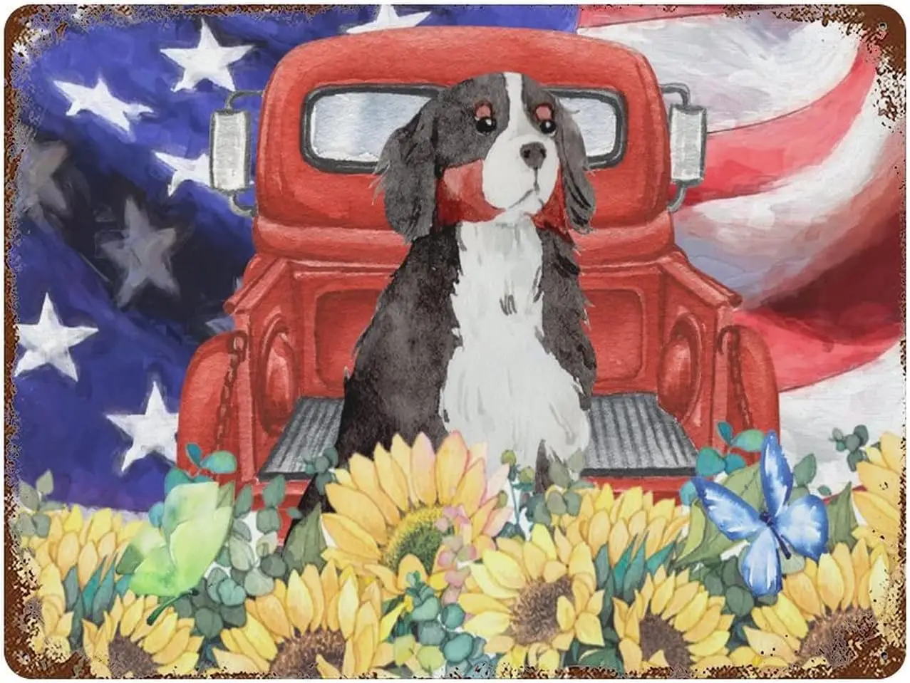 4th of July Celebration  Inch Metal Tin Sign, Vintage Farmhouse Red Truck Dog with Sunflower Plate Sign Kitchen