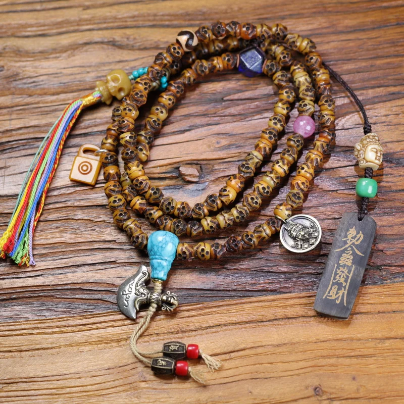 Reflux Yak Smiling Face 108 Beads Turquoise Ox Bone And Iron Accessories
