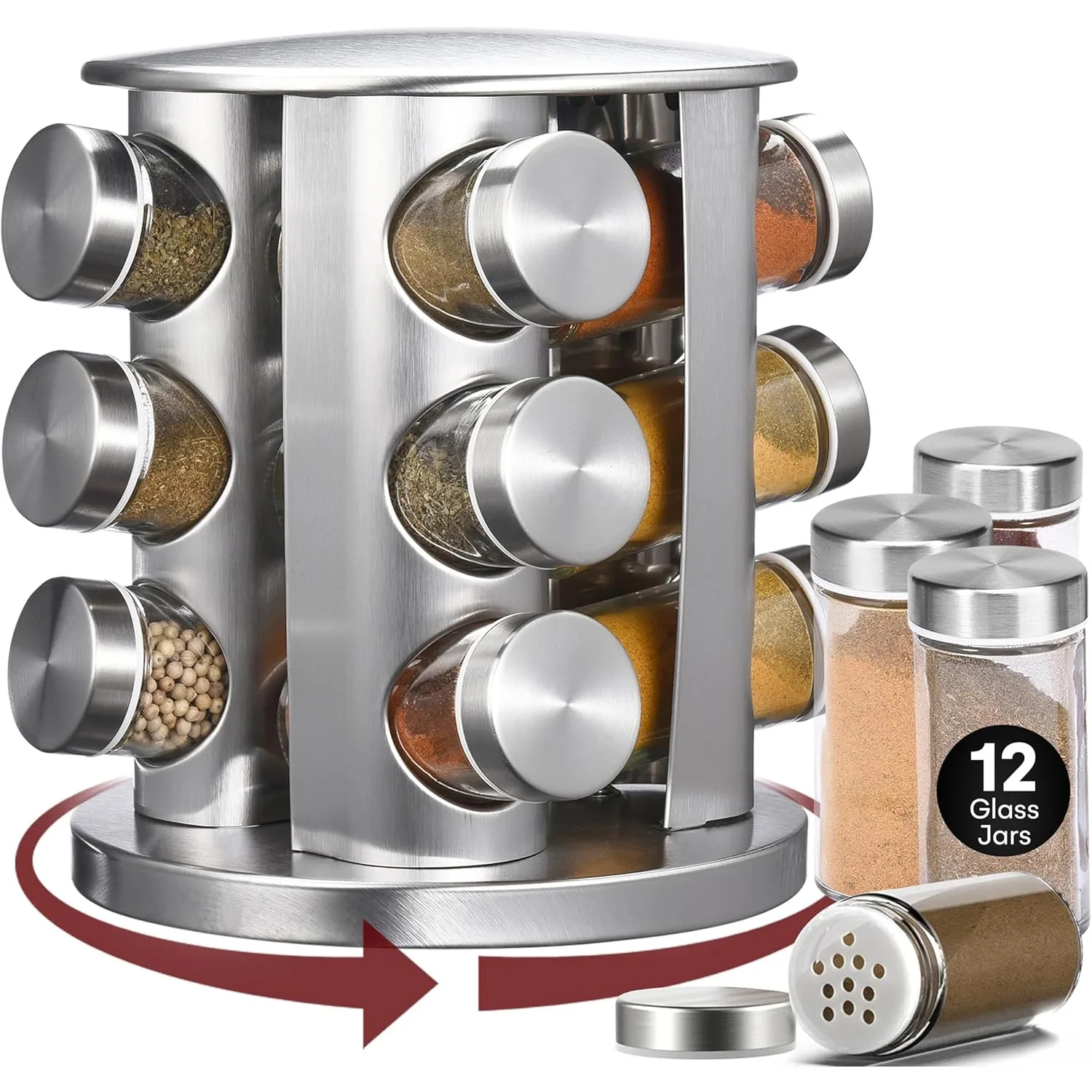 

12PCS Set Glass Seasoning Jars with Rotatable Stainless Steel Storage Rack Salt and Pepper Spice Organizer Seasoning Shakers Set